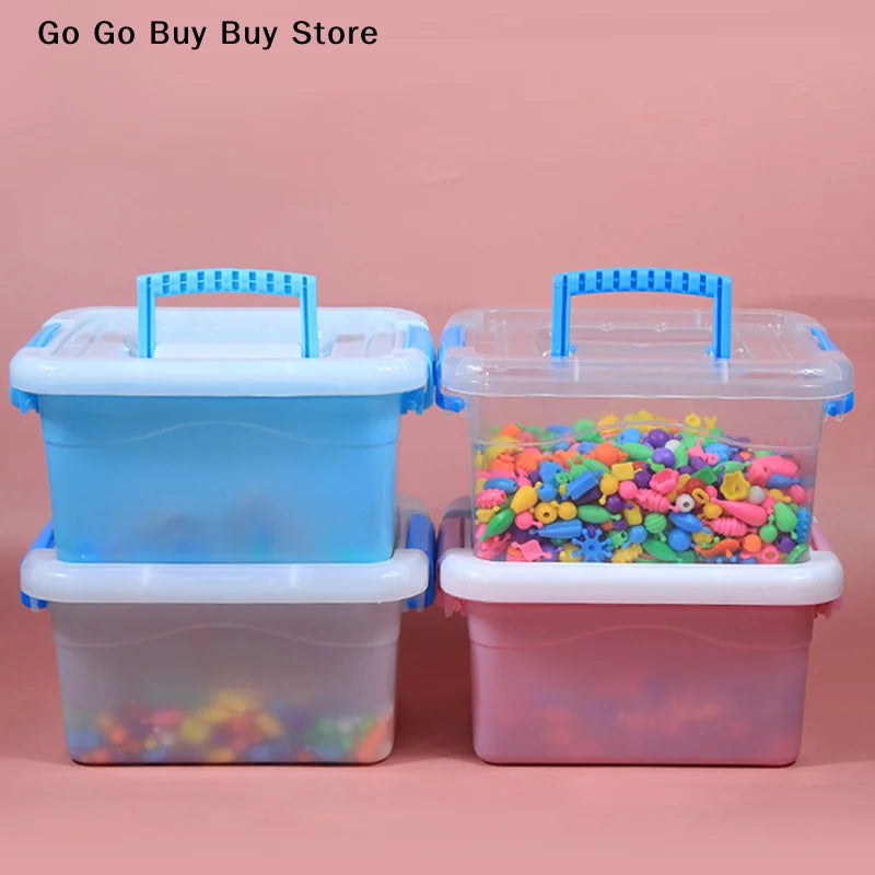 boîtes rangement transparentes bleues roses violettes poignées détachables moderne pratique enfants fournitures scolaires