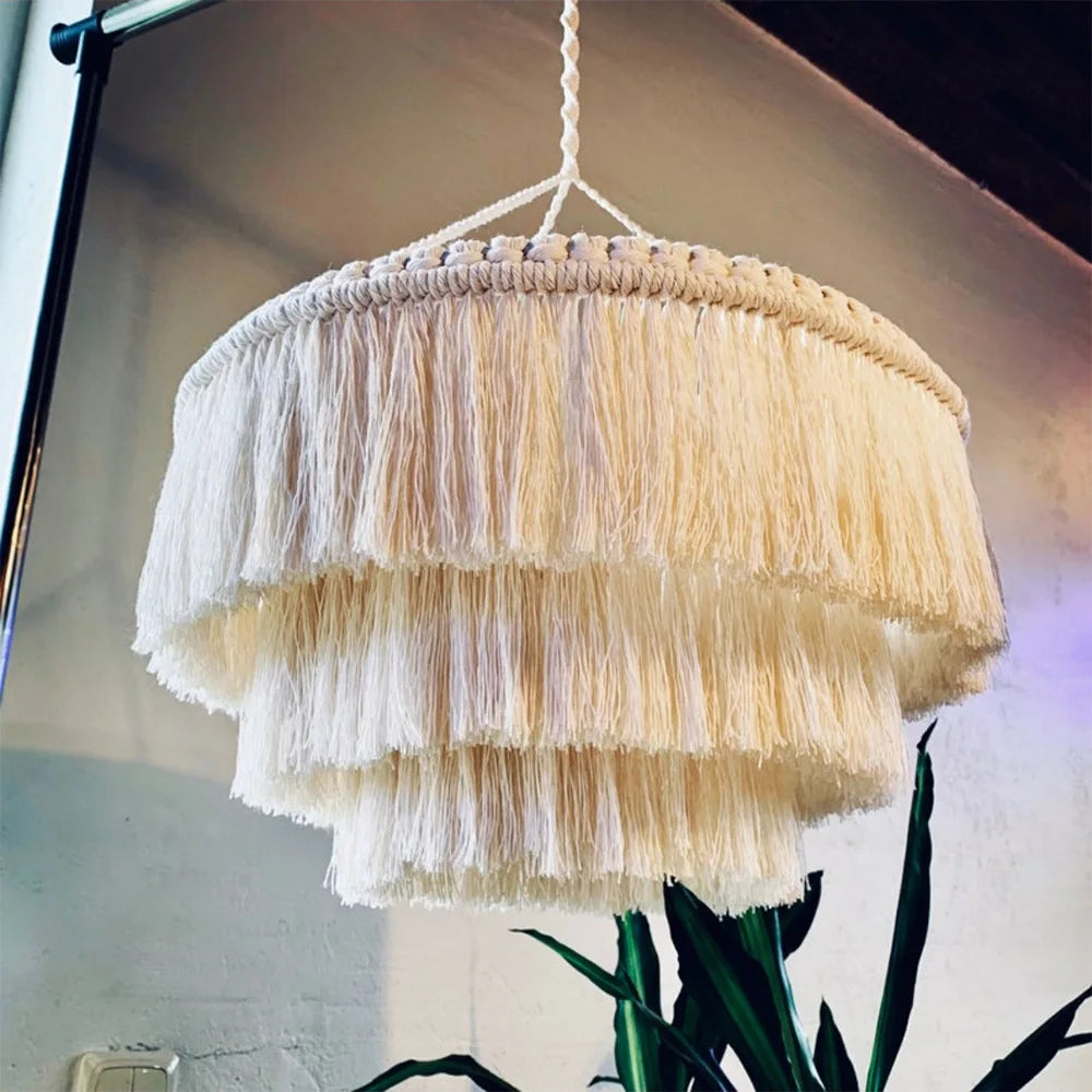 lampe suspendue macramé franges boho deco salon coton beige clair artisanal hand wash machine