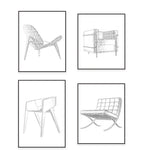 Une série d'illustrations en noir et blanc de différents modèles de chaises contemporaines.