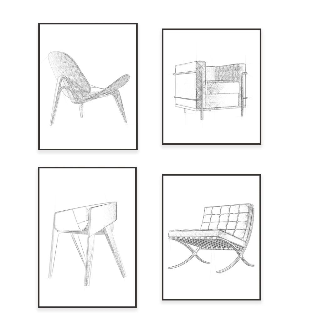 Une série d'illustrations en noir et blanc de différents modèles de chaises contemporaines.