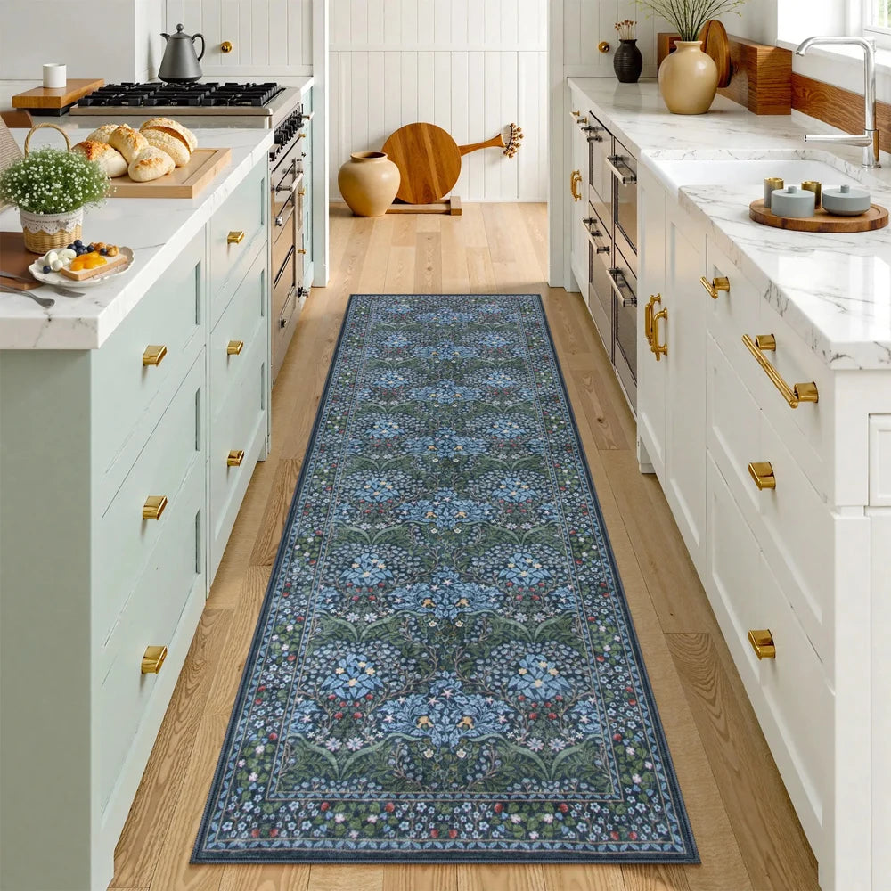 tapis floral bleu vert moderne polypropylène polyester antidérapant salon chambre