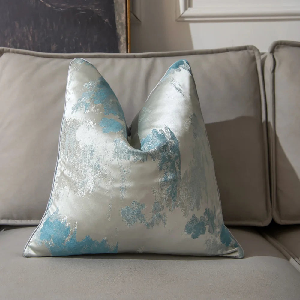 housse coussin géométrique polyester contemporain beige gris bleu clair abstrait effet peinture 30x50 45x45