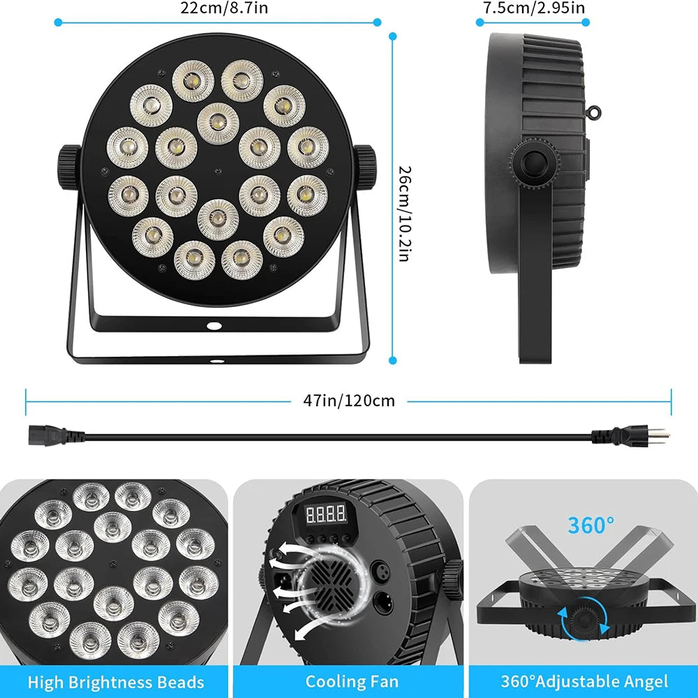 projecteur led noir 18 leds multicolore dmx bluetooth stroboscope événement spécial
