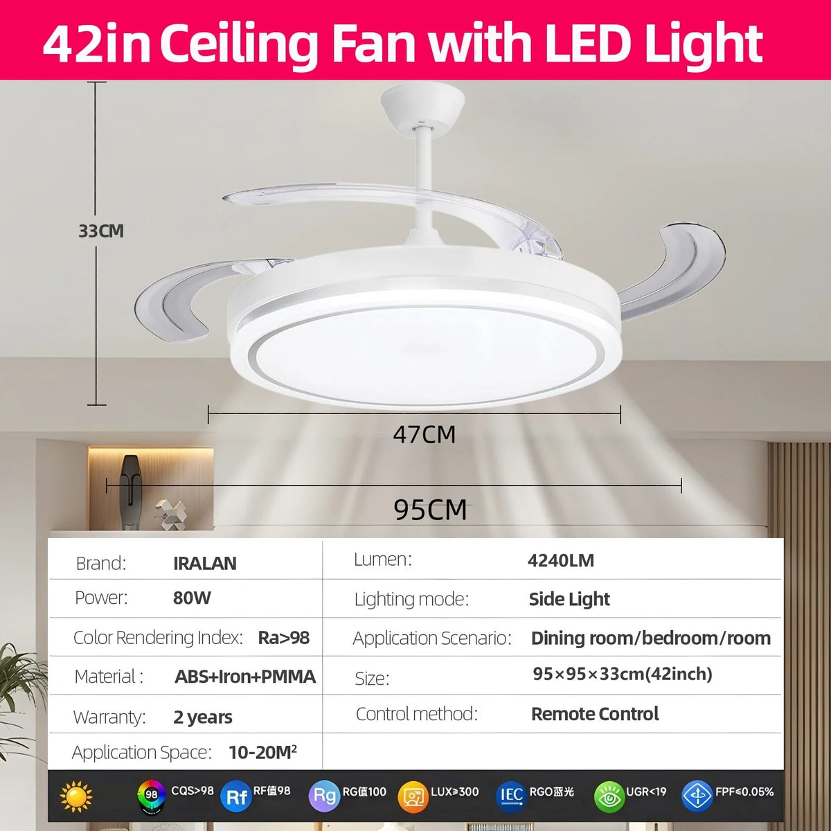 ventilateur blanc moderne vitesses lumière tricolore led télécommande