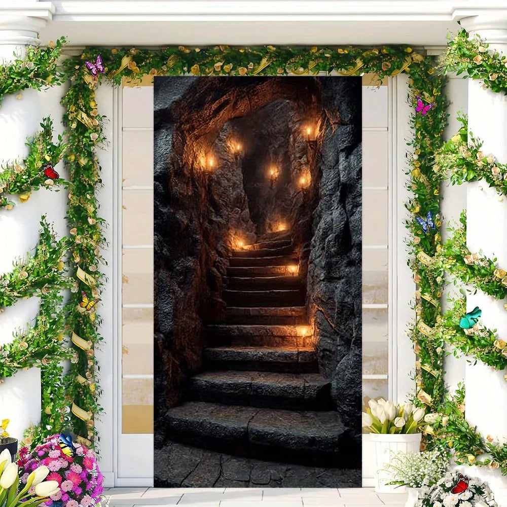 bannière décorative escalier grotte torches noir marron occasion anniversaire noel fantaisie opacité totale porte