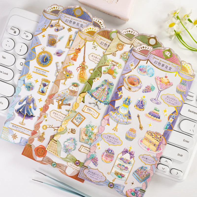 autocollants fantaisie kawaii personnages bijoux stylo livre fleurs artificielles illustratifs opaques multicolores