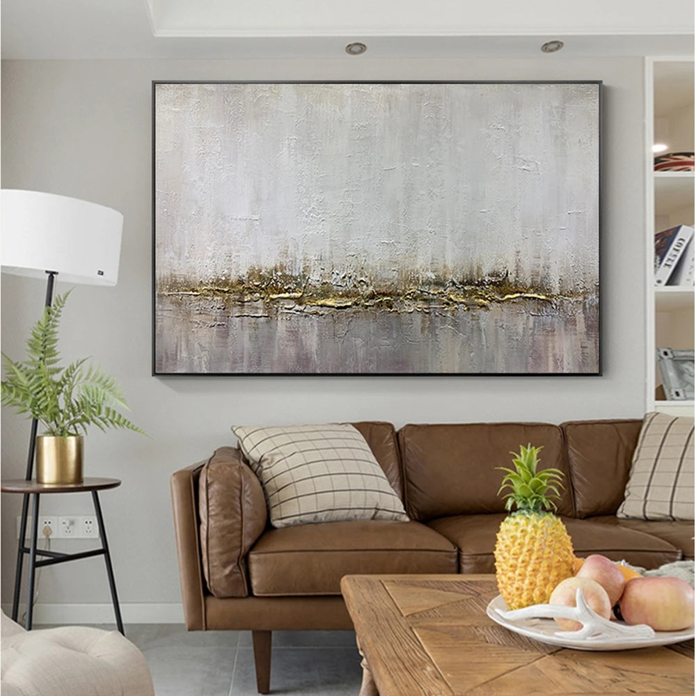 tableau abstrait gris doré contemporain texture peinte sans cadre toile horizontal