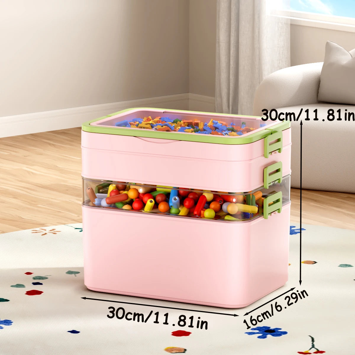 boîtes rangement transparentes empilables jouets colorés moderne poignées vert rose jaune