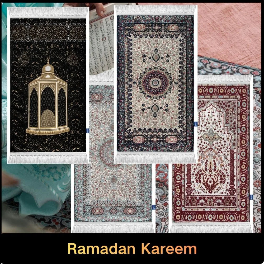 tapis prière islamique ornements géométriques motifs floraux calligraphie arabe polyester antidérapant voyage intérieur