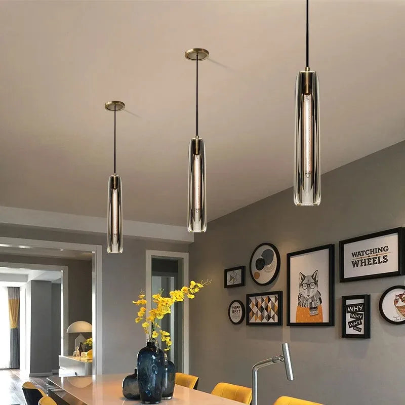 luminaire suspendu moderne verre transparent or métal cuivre chambre étude minimaliste