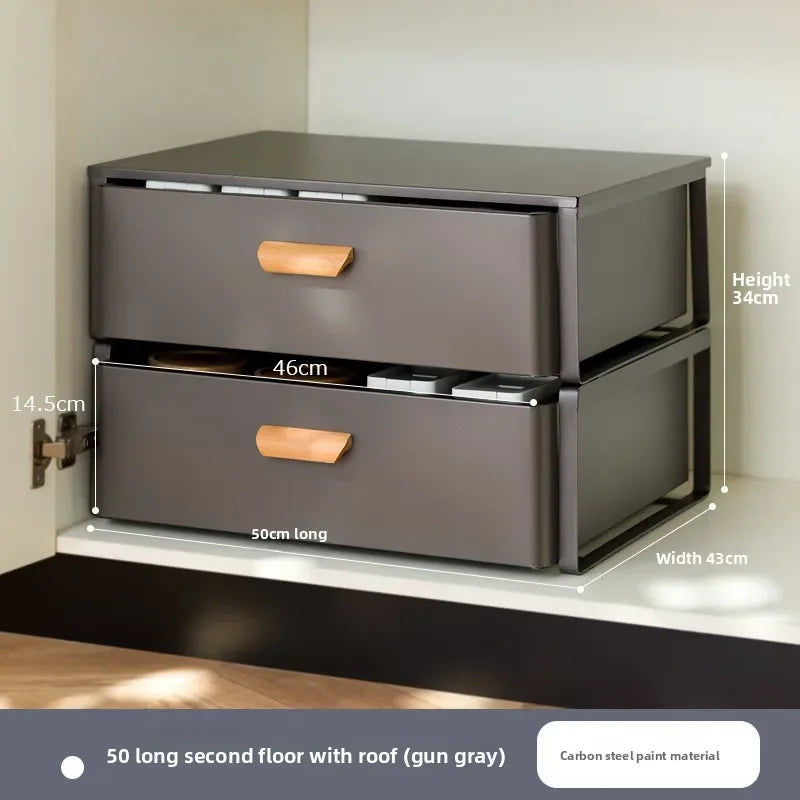 meuble tiroirs cuisine gris blanc poignées bois rangement sous évier