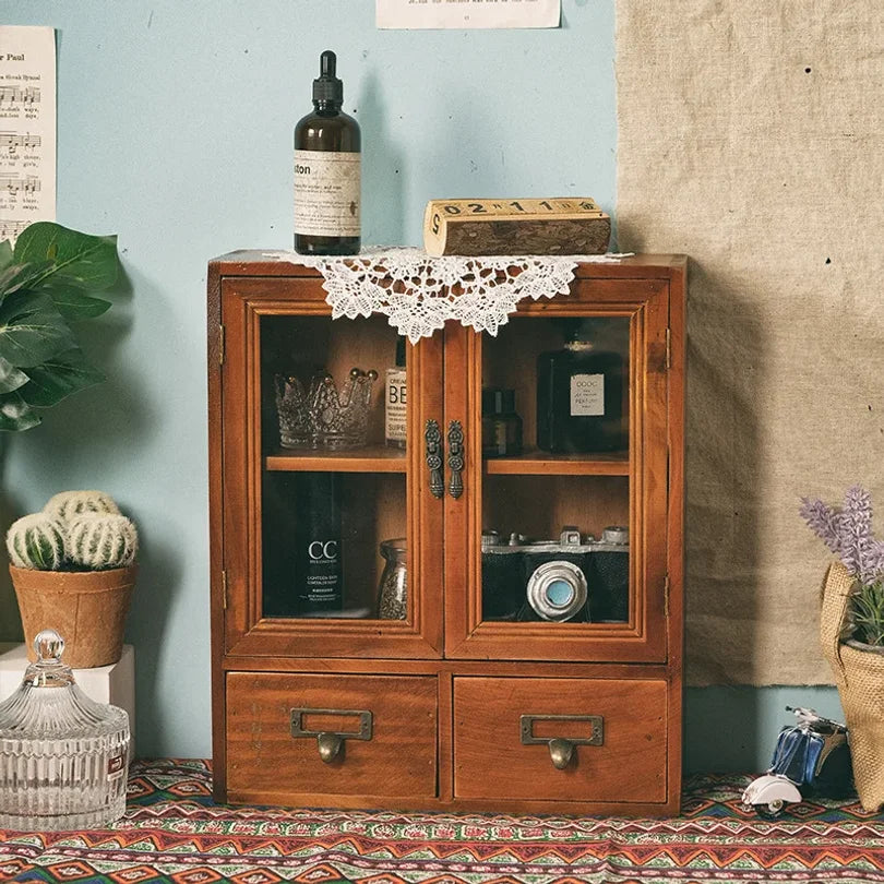 armoire deux portes tiroirs bois naturel vintage organisation décoration transparente métal