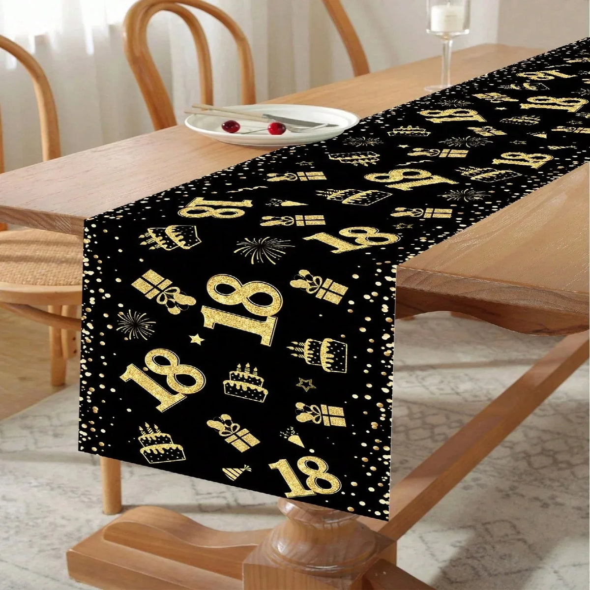 table table anniversaire 18 noir doré gâteaux cadeaux confettis moderne festive polyester