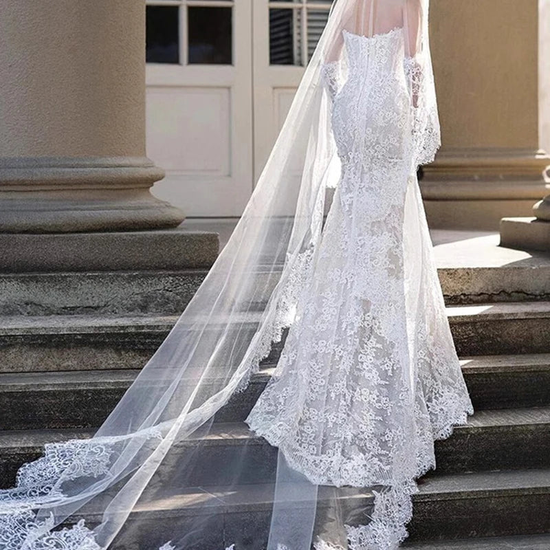 voile mariée blanc dentelle florale robe sirène gants longs inclusion ivory transparent