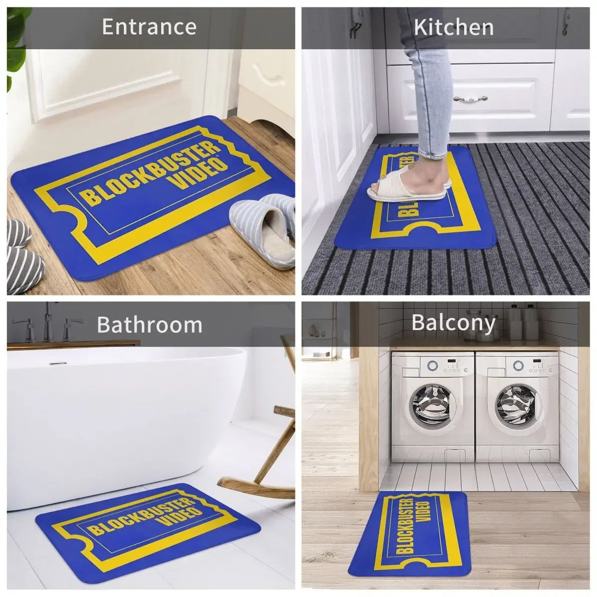 tapis sol antidérapant imperméable coton polyester bleu foncé jaune motif blockbuster video rétro duveteux