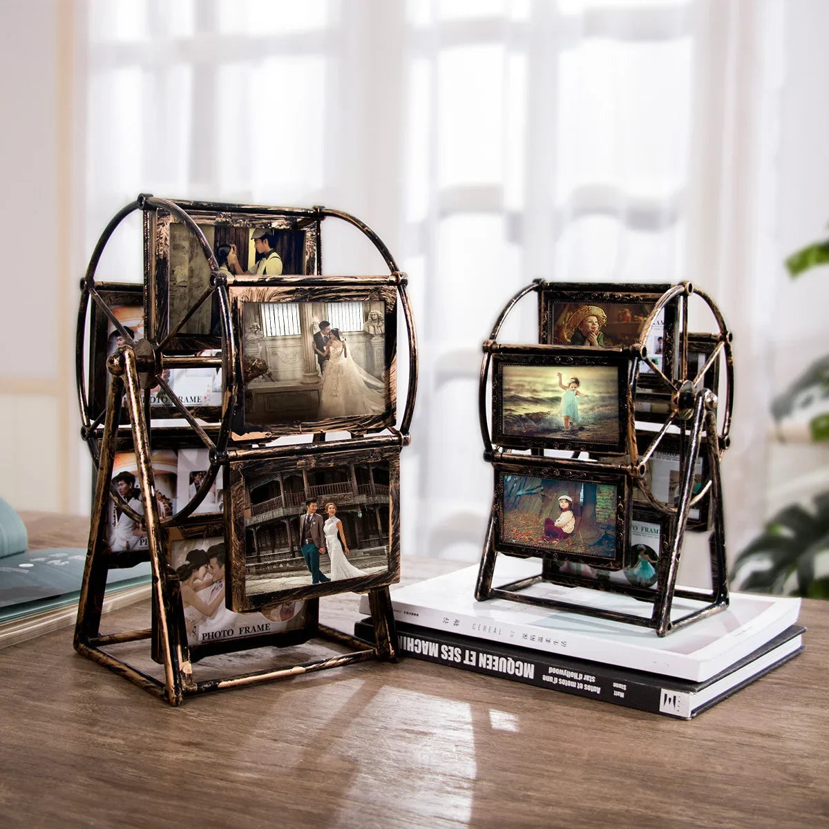cadre photo vintage grande roue transparent bronze or argenté decoration florale photos inclusion industrielle
