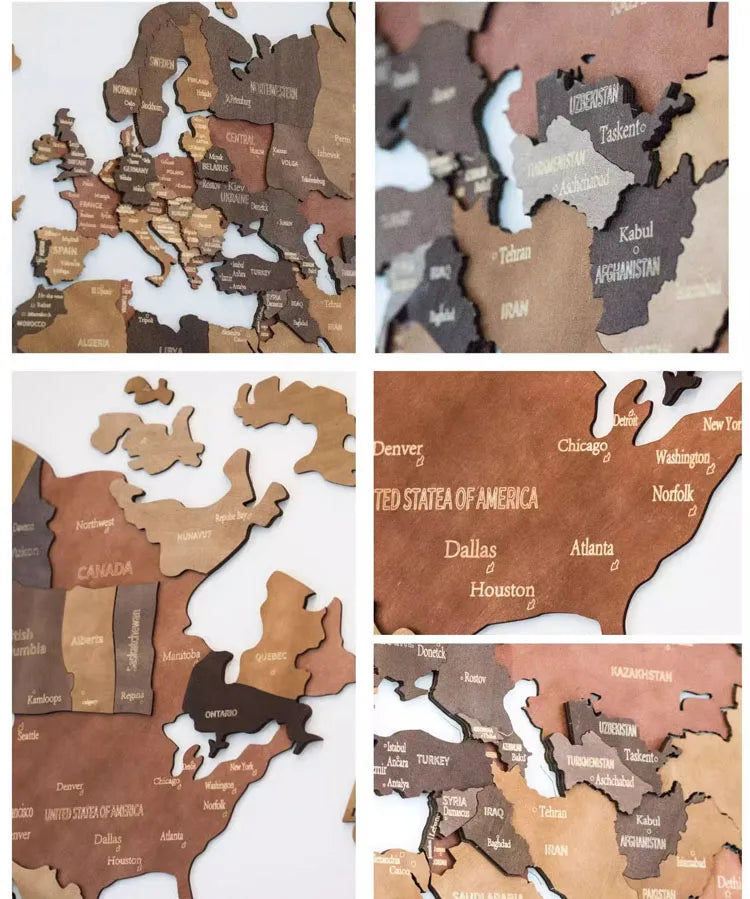 autocollants bois carte monde abstraite géographique marron clair continents pays villes bateau avion arctique