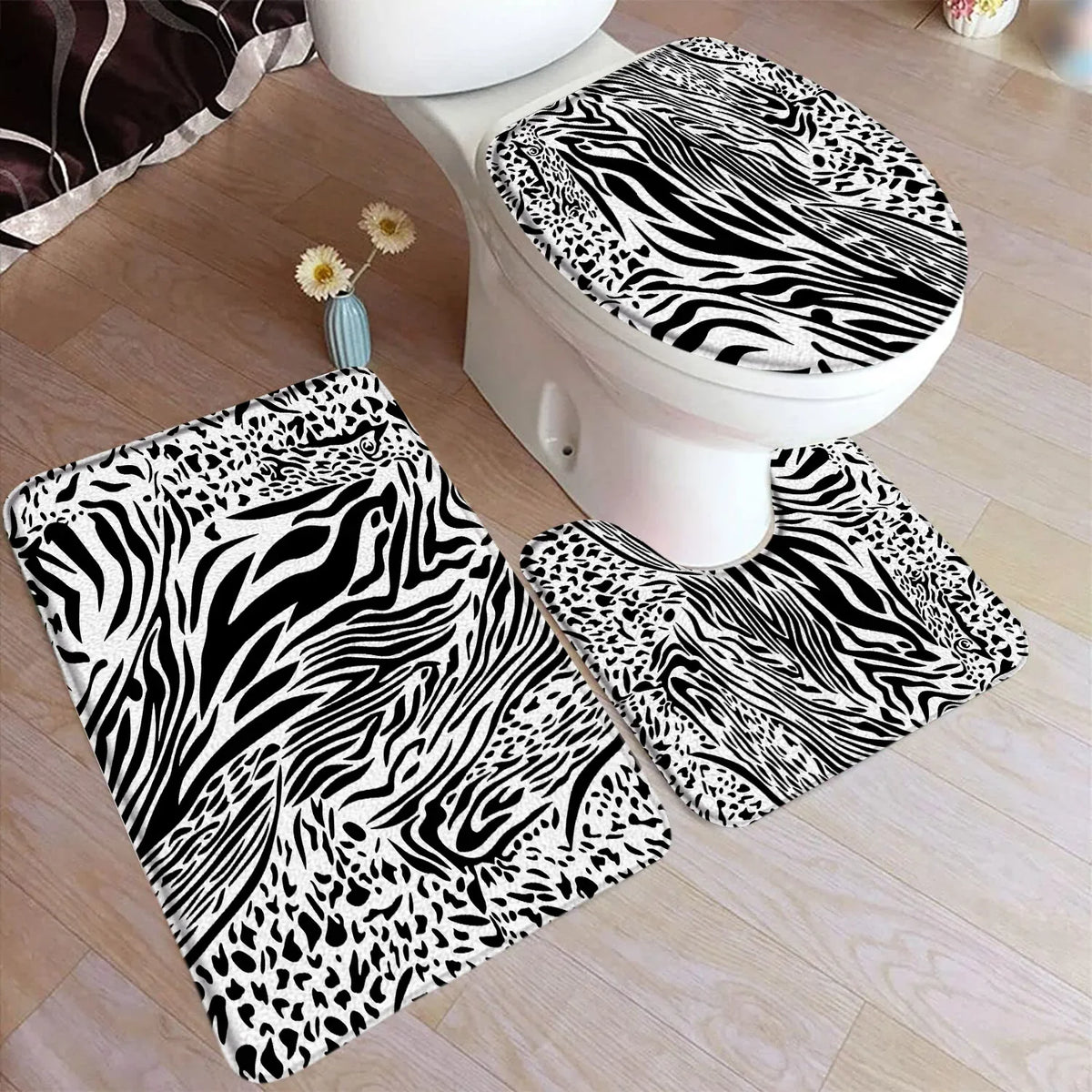tapis bain moderne ensemble noir blanc adhésif tapis sol couvercle toilette minimaliste respectueux environnement