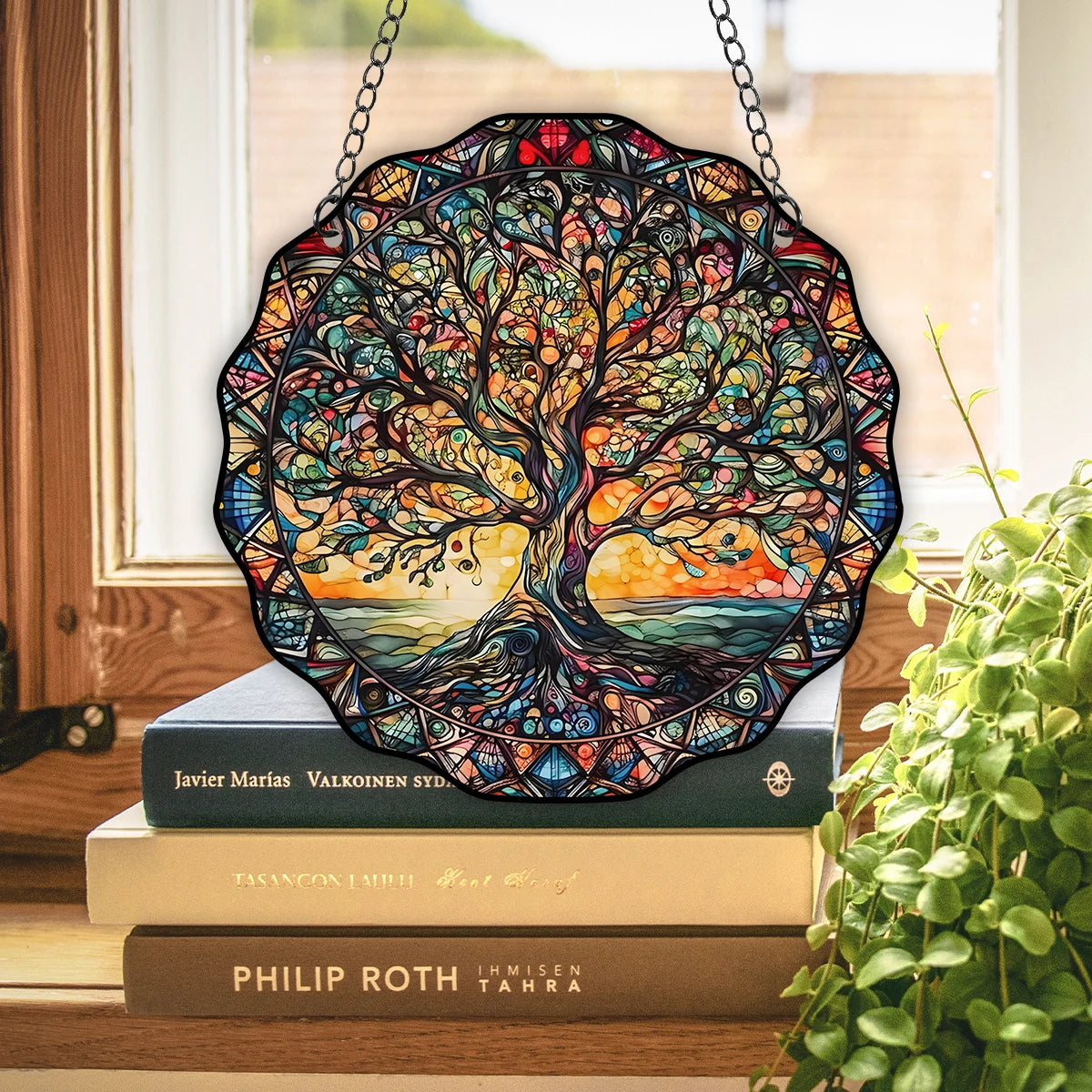 plaque décorative arbre multicolore feuilles paysage artiste chaîne métallique suspendue intérieure extérieure bienvenue