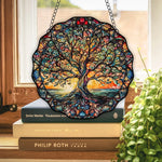 plaque décorative arbre multicolore feuilles paysage artiste chaîne métallique suspendue intérieure extérieure bienvenue