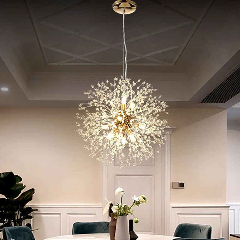 lustre suspension moderne cristal transparent doré luminaire salon restaurant élégant contemporain