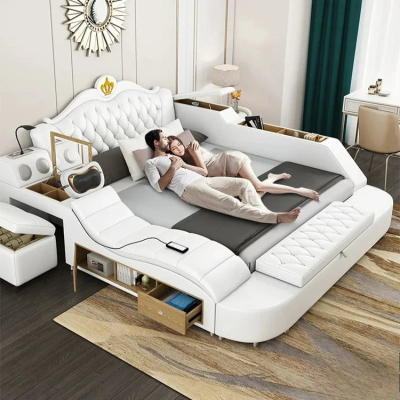lit multifonctionnel moderne blanc gris oreillers coussins simili cuir rangement sous lit tablette intégrée