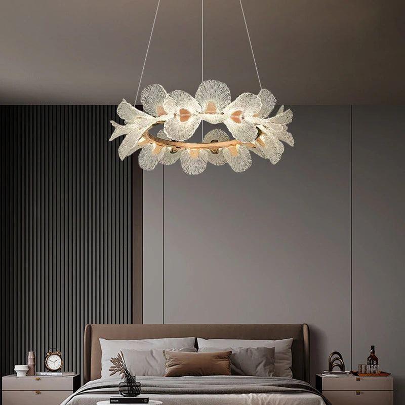 Suspension lumineuse moderne florale blanc doré LED câbles métalliques transparentes chambre salon