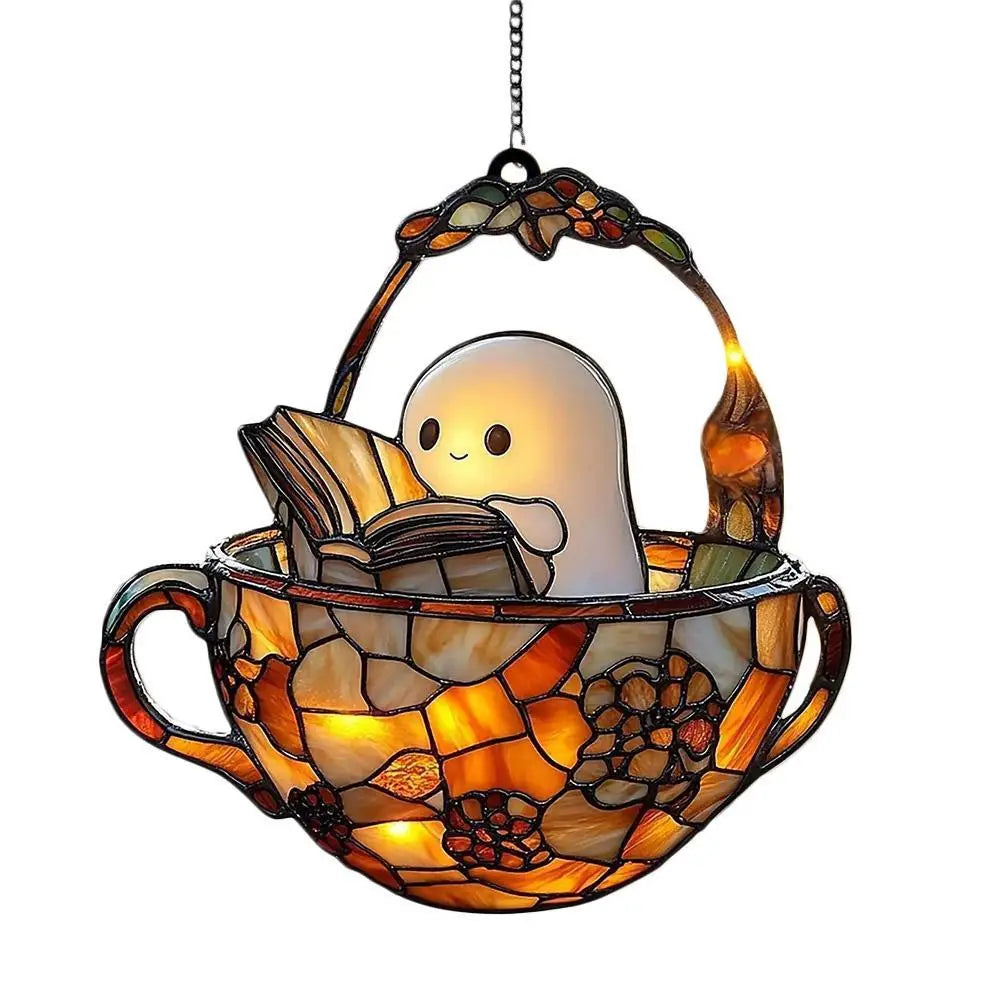lampe suspendue artisanale vintage feuilles mosaïque couleur orange marron vert jaune noir