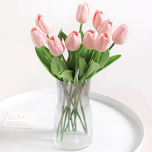 bouquet fleurs tulipes artificielles roses clair feuilles vertes décoration mariage maison intérieur