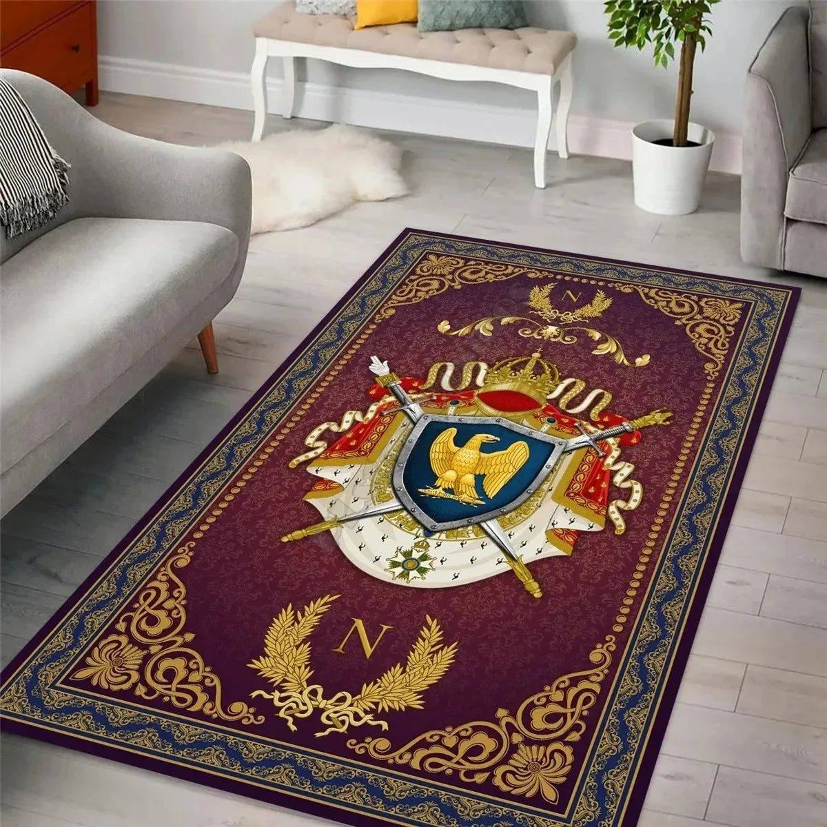 tapis armoiries bleu doré classique salon chambre extérieur 120x160cm polyester lavable