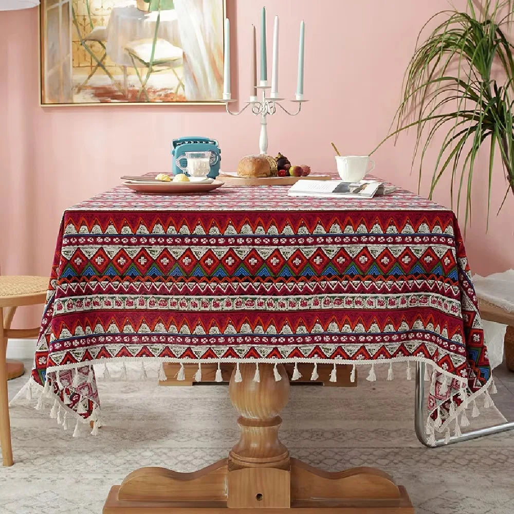 nappe table rectangulaire ethnique imperméable réutilisable coton polyester motifs géométriques tassels