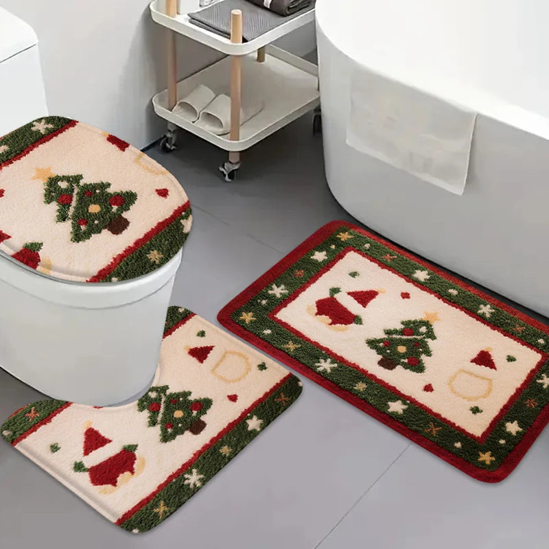 tapis bain absorbant anti dérapant noël sapins bonhommes neige motifs géométriques vert rouge beige