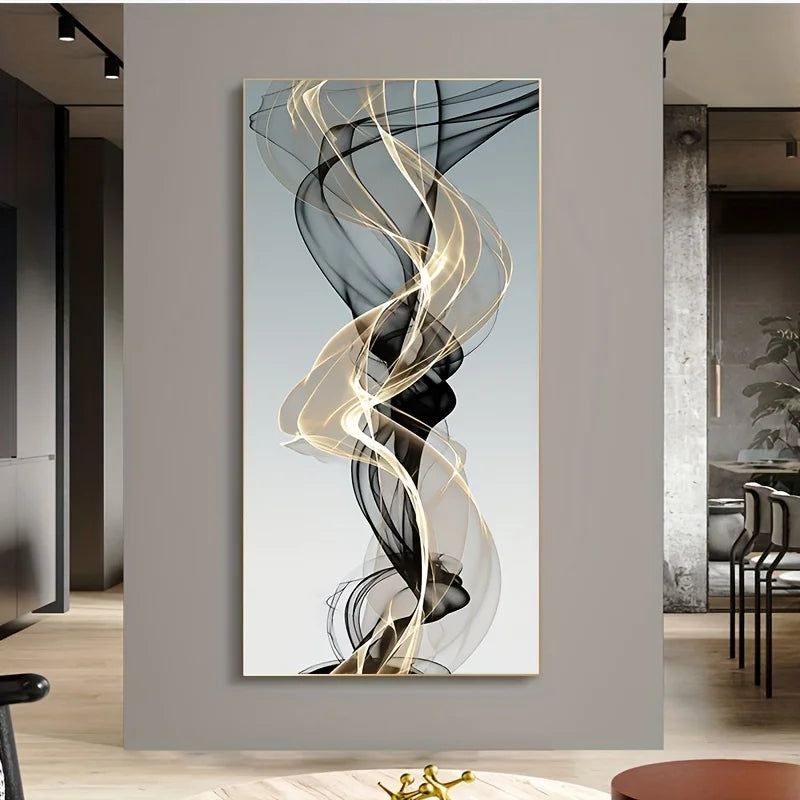 toile d'art abstraite moderne noir blanc doré contemporain minimaliste ligne ondulée rectangle vertical chambre