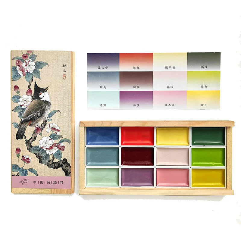 palette peinture aquarelle multicolore compartiments traditionnelle boite bois artiste illustration oiseaux