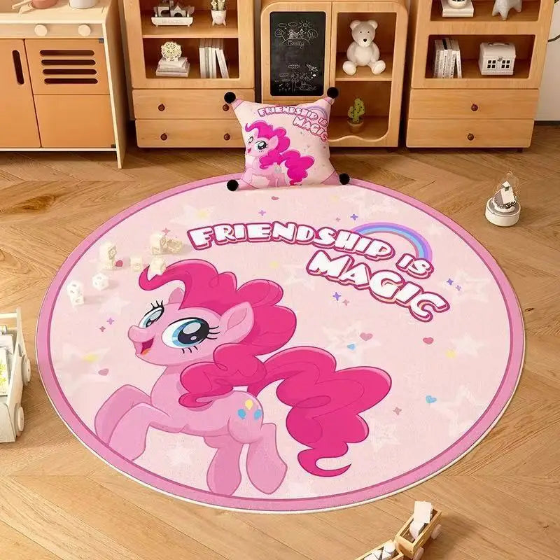 tapis rond flanelle dessin animé poney friendship magic arc ciel coeurs étoiles beige rose