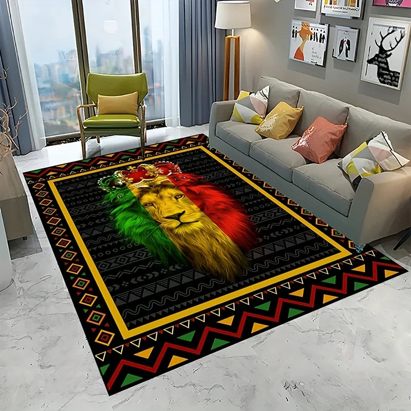 tapis moderne lion stylisé motifs géométriques noir vert rouge jaune blanc salon chambre coucher