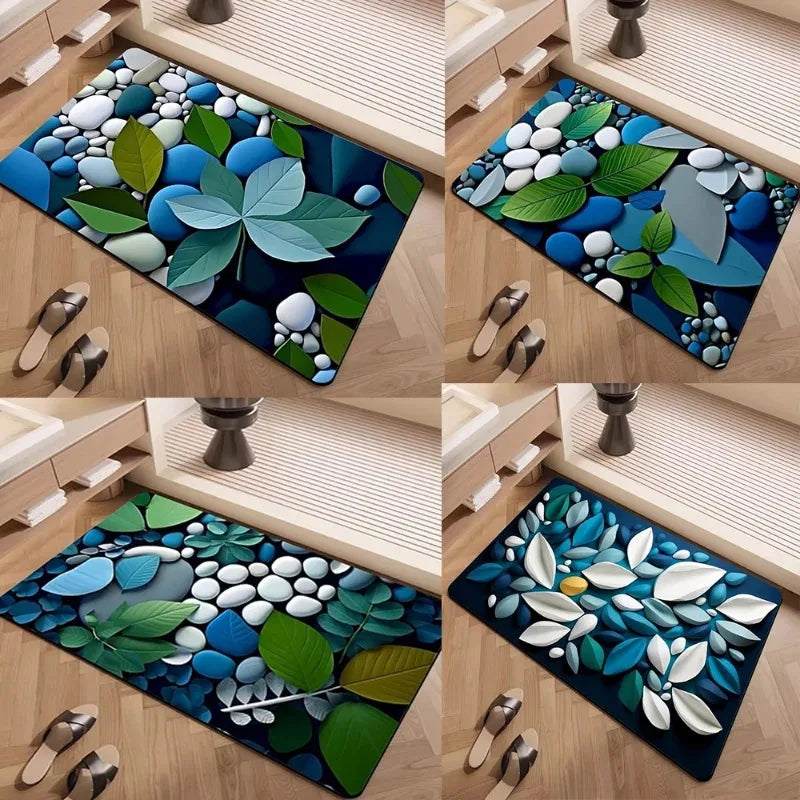 tapis moderne feuilles pierres bleu vert blanc antidérapant intérieur décoration maison