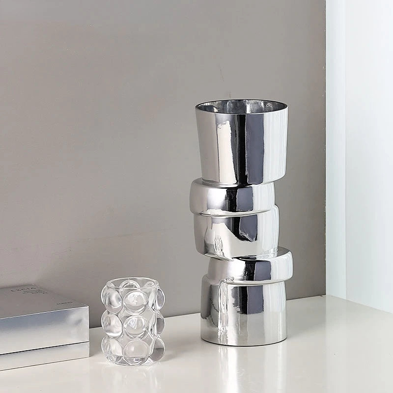 vase verre argenté moderne minimaliste formes rondes lisses fleurs séchées décoration intérieure contemporaine