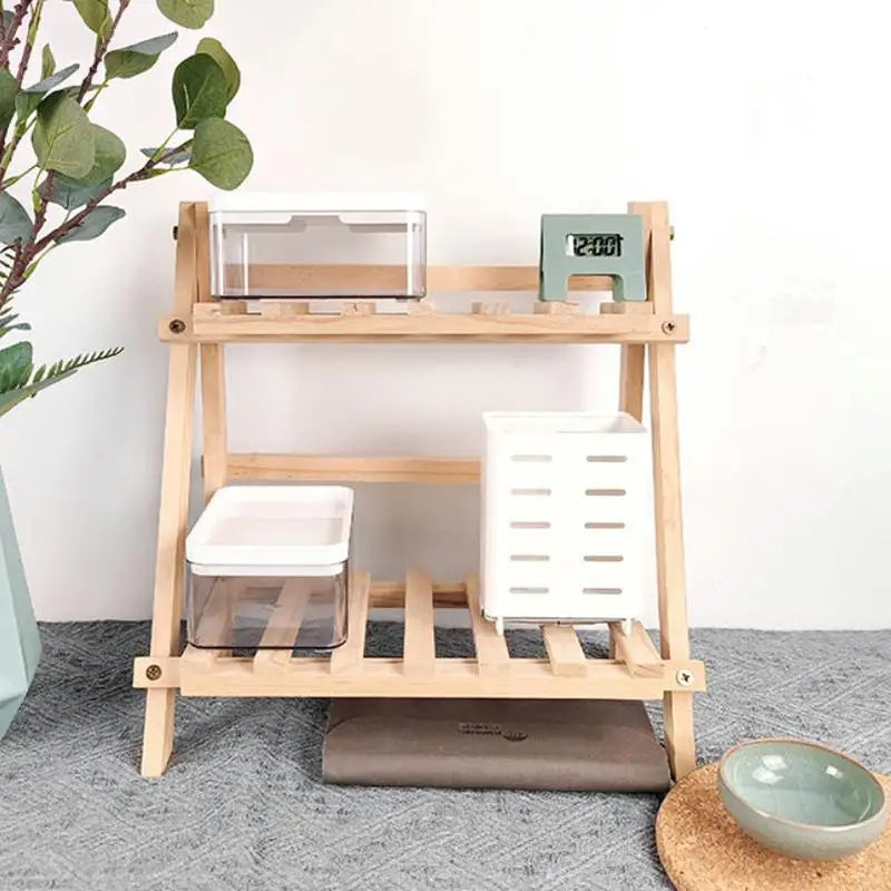 étagère pliante deux niveaux bois naturel minimaliste plantes horloge radio livres(calendar) vase