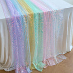 nappe festive séquins irisés transparent violet rose turquoise blanc anniversaire décoration scintillante assiettes gobelets