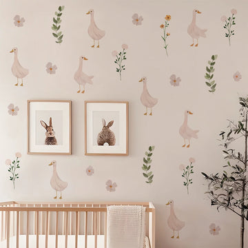sticker mural oies fleurs enfants decoration aquarelle pastel lit bébé table chevet commode