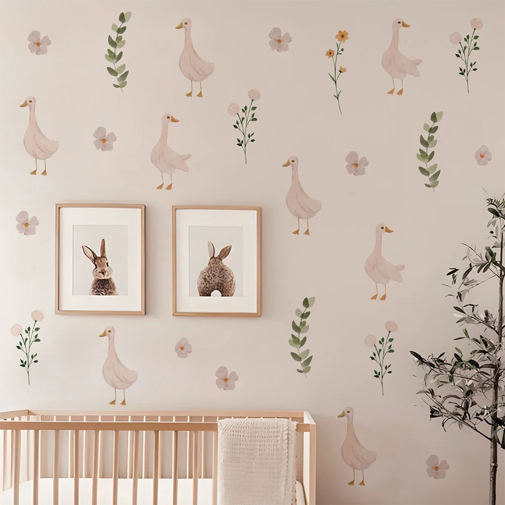 sticker mural oies fleurs enfants decoration aquarelle pastel lit bébé table chevet commode