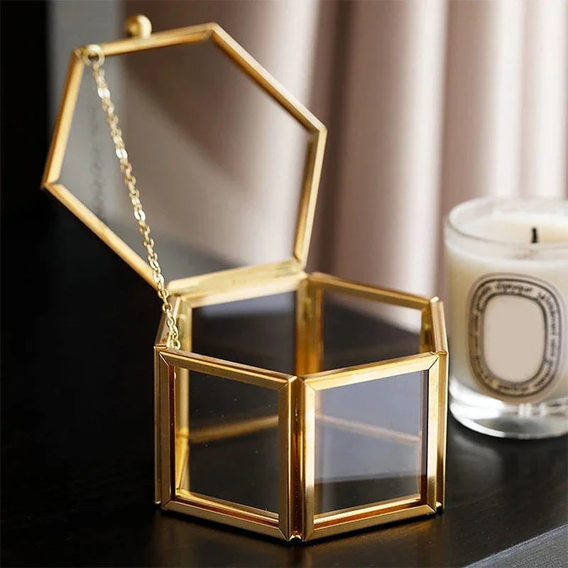 boîte hexagonale verre or bijoux rangement élégante moderne accessoire cadeau ornement transparent