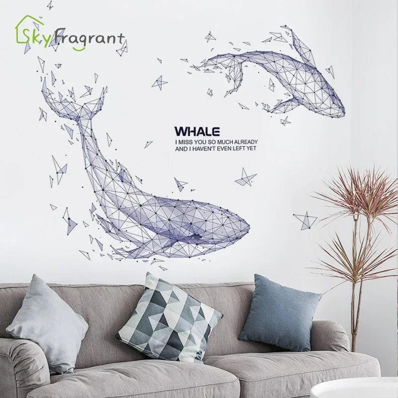 autocollant mural moderne baleine bleu gris blanc géométrique triangulaire salon chambre 60x90cm