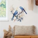 sticker mural oiseaux branches fleurs art floral adhésif bleu blanc beige bruns chambre salon