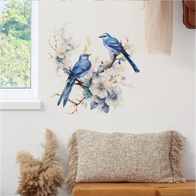 sticker mural oiseaux branches fleurs art floral adhésif bleu blanc beige bruns chambre salon