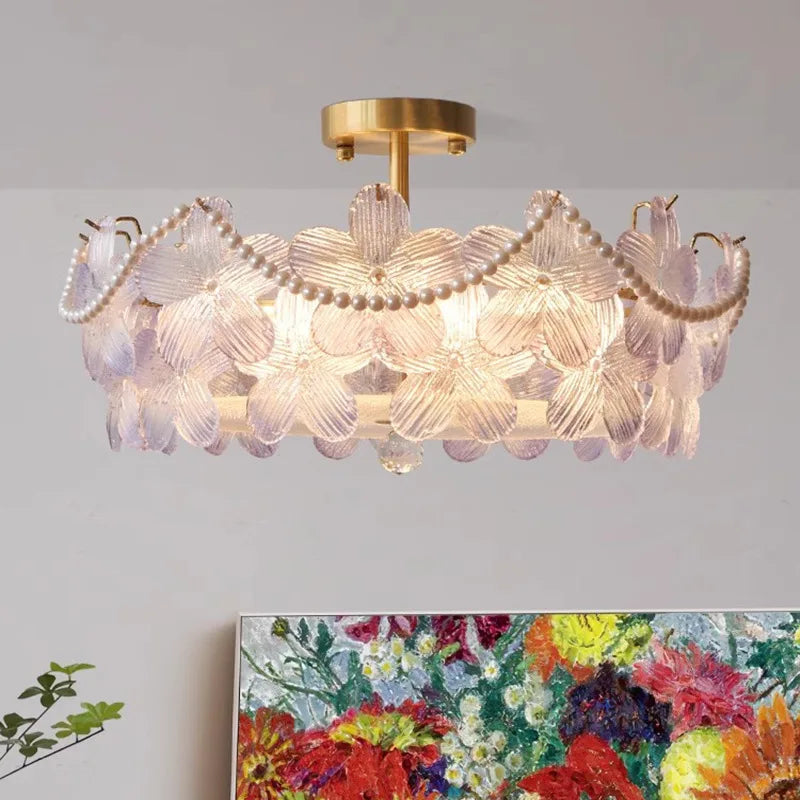 lampe suspendue classique rose fleurs chaîne ajustable blanc doré vintage chambre salon