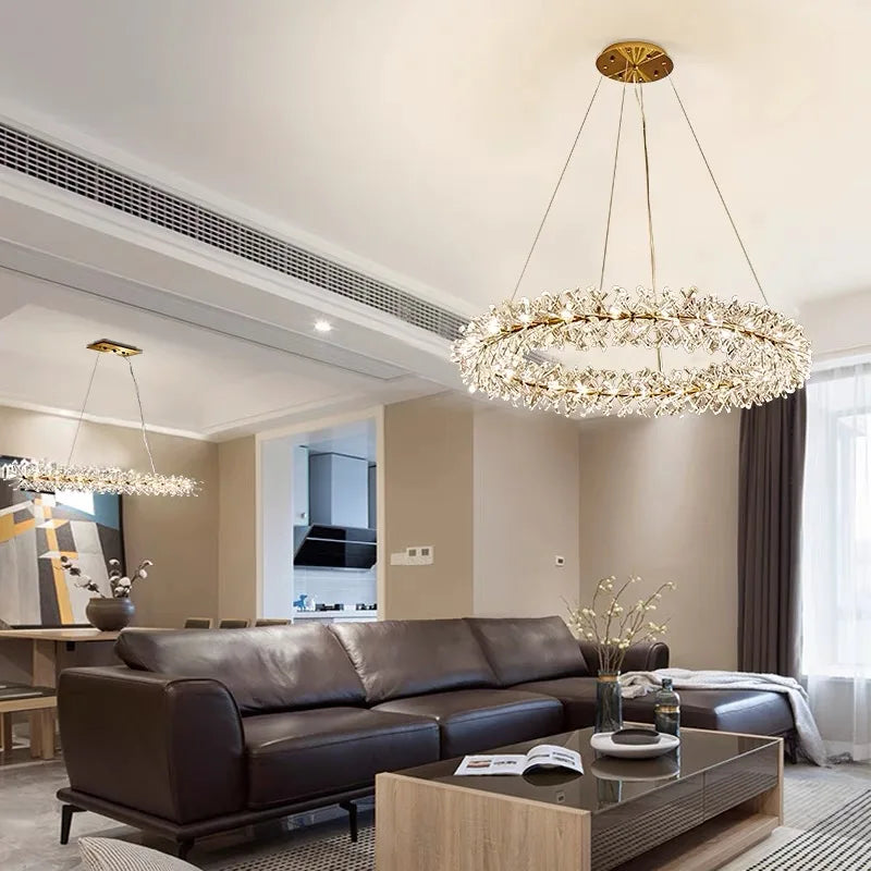 Suspension lumineuse cristal transparent moderne élégante chaînes blanc doré chambre salon