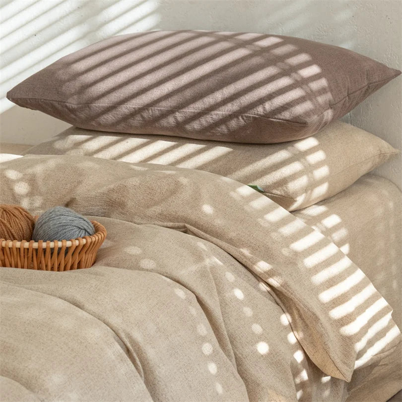 drap housse couette taies d'oreiller literie lin texturé beige taupe minimaliste naturel