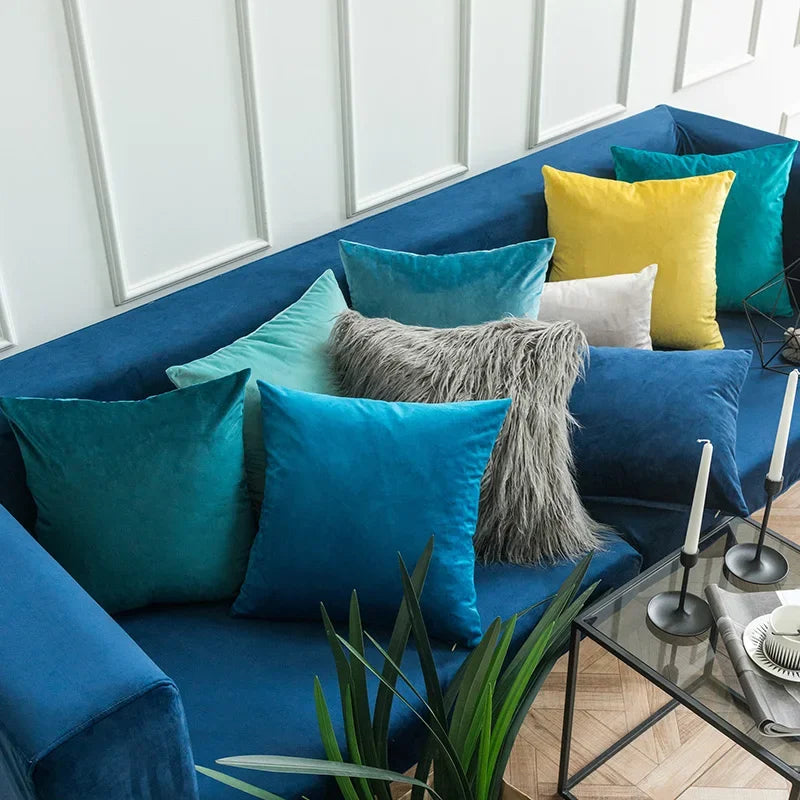 housse coussin carrée velours uni canapé salon décoration maison moderne